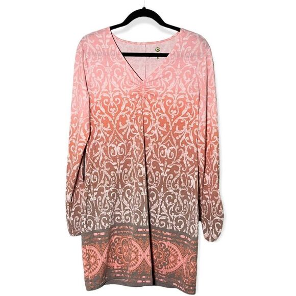 Dakini Taupe and Peach Ikat Print Long Sleeved Dress Size Large - Picture 1 of 6